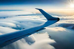 an airplane wing is flying above clouds. AI-Generated photo