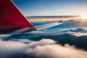 a view of the wing of an airplane flying over mountains. AI-Generated photo