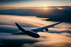 a large airplane flying over clouds at sunset. AI-Generated photo