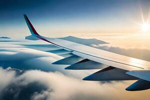 an airplane wing flying over the clouds. AI-Generated photo