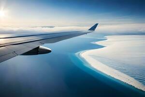 an airplane wing flying over a body of water. AI-Generated photo