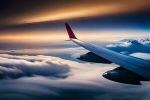 an airplane wing flying above clouds. AI-Generated photo