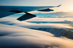 an airplane wing flying over the clouds. AI-Generated photo