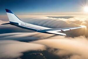 un grande chorro avión volador mediante el nubes generado por ai foto