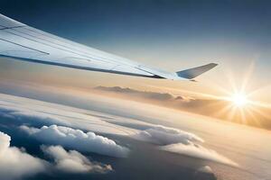 the wing of an airplane is seen flying over the clouds. AI-Generated photo