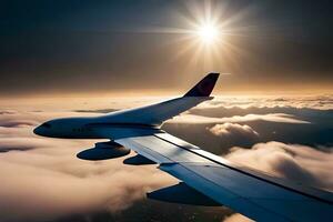 un avión volador terminado nubes con el Dom brillante. generado por ai foto