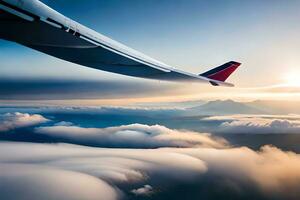 a view of the wing of an airplane flying over the clouds. AI-Generated photo