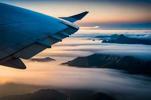 an airplane wing is flying over the clouds. AI-Generated photo