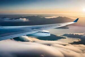 an airplane wing flying over the clouds. AI-Generated photo