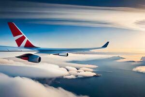 un avión volador terminado el nubes con el ala consejo. generado por ai foto