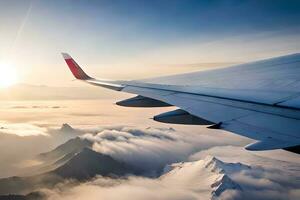 an airplane wing flying over a mountain range. AI-Generated photo