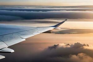 an airplane wing is seen flying over the clouds. AI-Generated photo