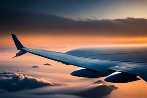 an airplane wing flying over the clouds at sunset. AI-Generated photo