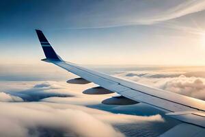 an airplane wing is seen flying above the clouds. AI-Generated photo