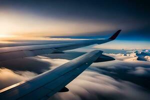 an airplane wing is seen from above the clouds. AI-Generated photo