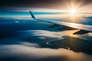 an airplane wing is flying over clouds and the sun. AI-Generated photo
