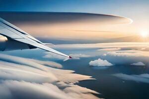 an airplane wing is flying over the clouds. AI-Generated photo