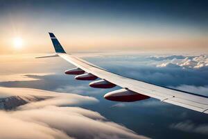 an airplane wing flying over clouds at sunset. AI-Generated photo