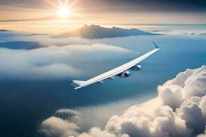 an airplane flying over the clouds with the sun in the background. AI-Generated photo