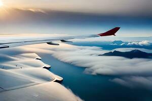 an airplane wing is flying over the clouds. AI-Generated photo