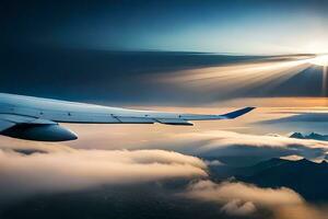 an airplane wing is flying over clouds and mountains. AI-Generated photo