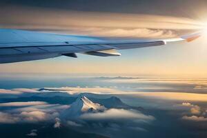 an airplane wing flying over the mountains and clouds. AI-Generated photo