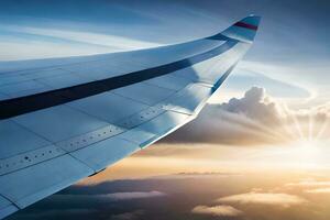 un avión ala es visto volador terminado nubes generado por ai foto