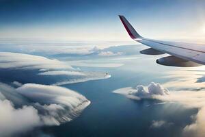 an airplane wing is flying over the ocean and clouds. AI-Generated photo