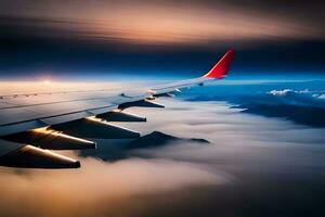 an airplane wing is flying over the clouds. AI-Generated photo