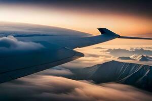 an airplane wing is flying over the clouds. AI-Generated photo