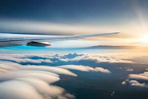 an airplane wing flying over clouds and mountains. AI-Generated photo