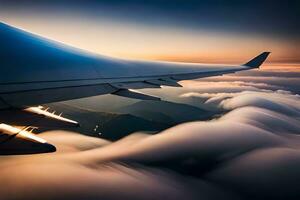 an airplane wing is seen flying over clouds. AI-Generated photo