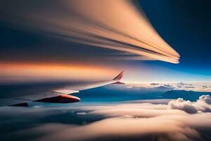 a view of the wing of an airplane flying over clouds. AI-Generated photo