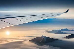 an airplane wing is flying over the mountains. AI-Generated photo