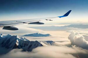 an airplane wing flying over a mountain range. AI-Generated photo