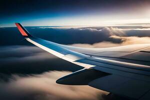 an airplane wing is seen from above the clouds. AI-Generated photo