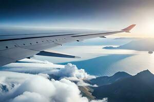 an airplane wing is flying over a mountain range. AI-Generated photo