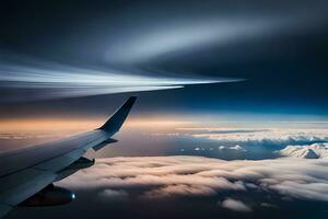 an airplane wing is seen flying over clouds. AI-Generated photo