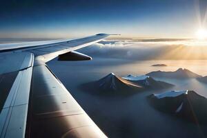 an airplane wing is flying over a mountain range. AI-Generated photo