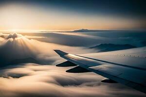 an airplane wing is seen above the clouds. AI-Generated photo