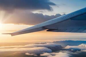 an airplane wing flying over clouds at sunset. AI-Generated photo