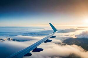 an airplane wing flying over clouds and mountains. AI-Generated photo