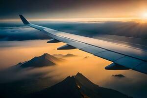 an airplane wing is flying over mountains and clouds. AI-Generated photo