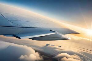 a view of the wing of an airplane flying over clouds. AI-Generated photo