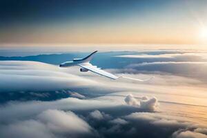 un blanco avión volador terminado el nubes generado por ai foto