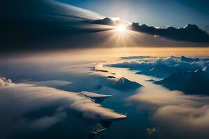 the sun shines over the clouds and mountains. AI-Generated photo
