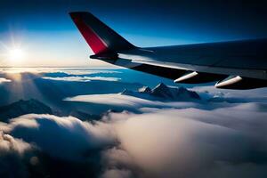 an airplane wing is seen flying over the clouds. AI-Generated photo