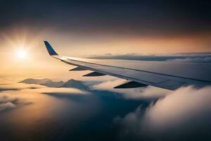 an airplane wing is flying over the clouds. AI-Generated photo