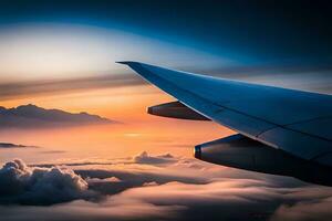 an airplane wing is seen flying over the clouds. AI-Generated photo