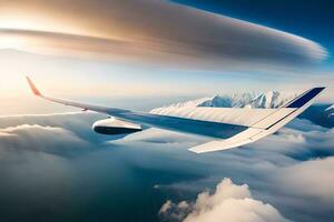 un grande avión volador mediante el nubes generado por ai foto